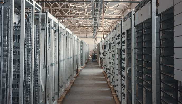 brown wooden hallway with gray metal doors